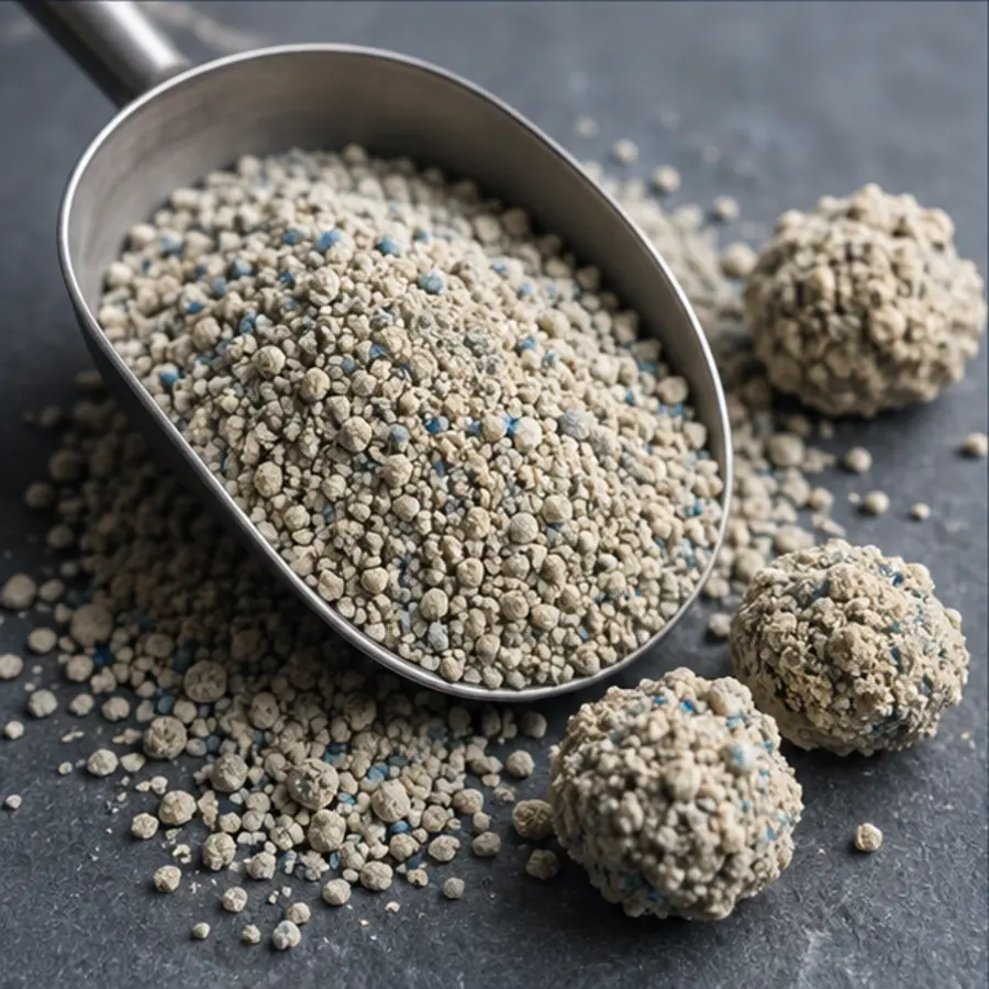 Scoop holding clumped bentonite cat litter granules